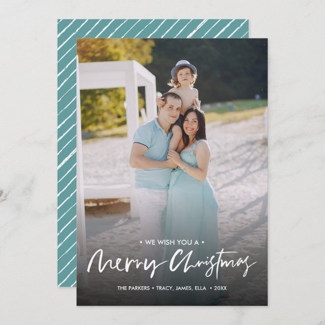 Chic handwritten merry christmas  photo | AQUA Invitation (Front/Back)