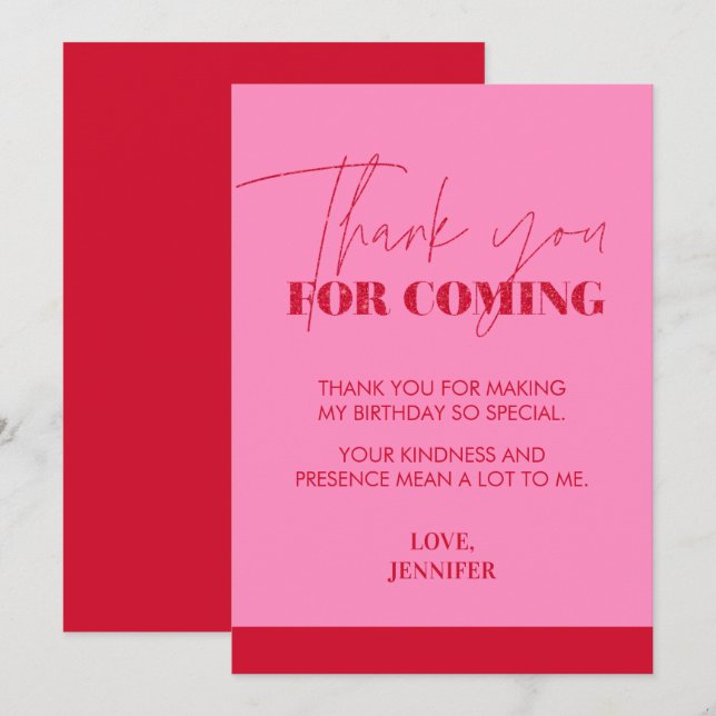 Chic Handwritten Pink Red Glitter  Thank You Card (Front/Back)