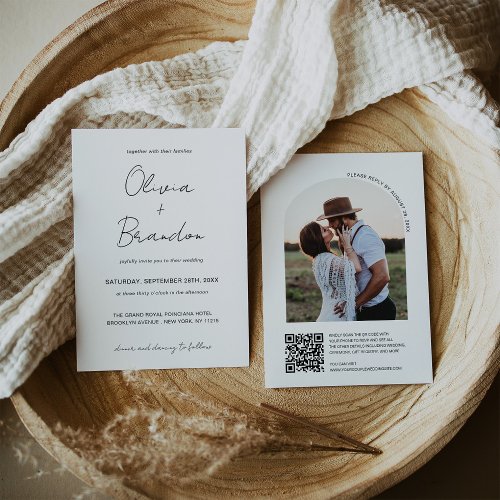 Chic Handwritten QR Code Arch Frame Photo Wedding Invitation