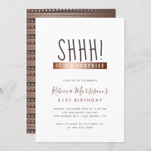 Chic Handwritten Rose Gold Surprise Birthday Party Invitation - Create your own Chic Handwritten Rose Gold Surprise Birthday Party invitations by Eugene Designs. This surprise party design features a modern handwritten and sans-serif typography in a trendy color scheme. On the reverse you can find a faux rose gold hand-drawn pattern on a gray background. Choose from Zazzle's wide range of paper stock to suit your personal needs.