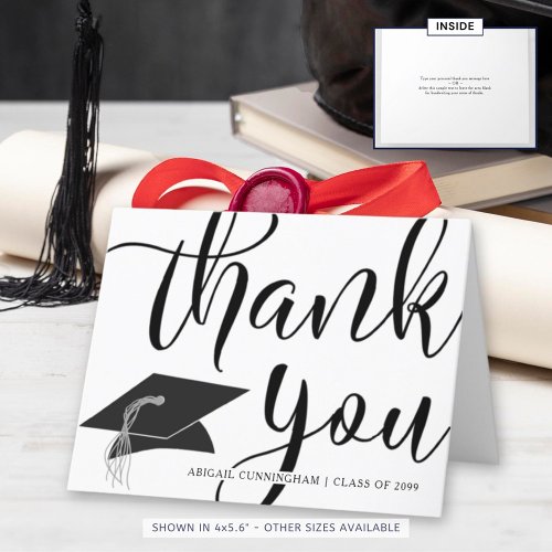 Chic Handwritten Script Black Silver Graduation Thank You Card