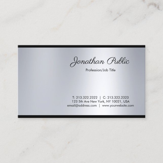 Chic Handwritten Script Silver Look Clean Glamour Business Card (Front)