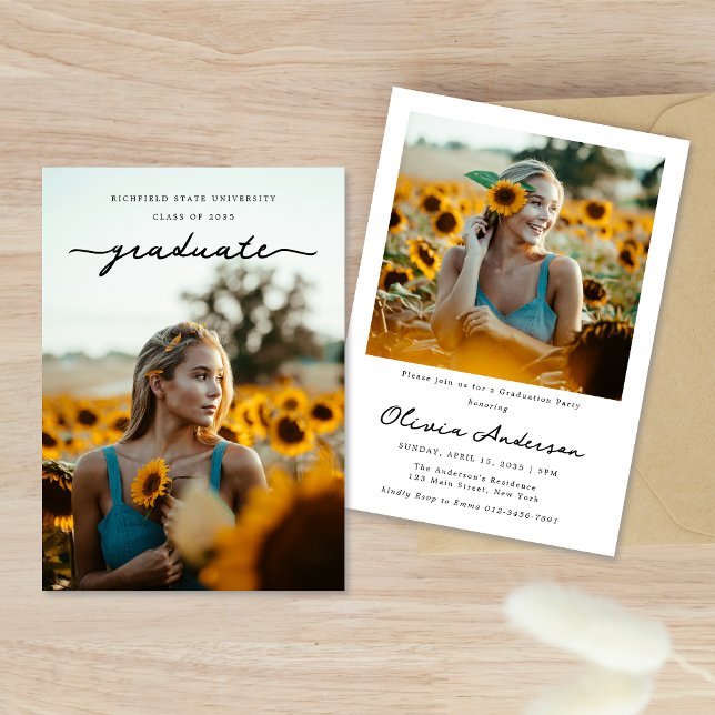 Chic Handwritten Script Two Photo Graduation Party Invitation (Creator Uploaded)