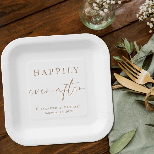 Chic Happily Ever After Gold Script Wedding Paper Plates (Creator Uploaded)