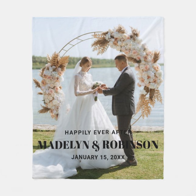 Chic Happily Ever After Photo Wedding Personalized Fleece Blanket (Front)