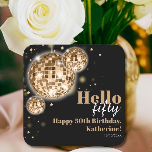 Chic Happy 50th Birthday Black and Gold  Square Paper Coaster