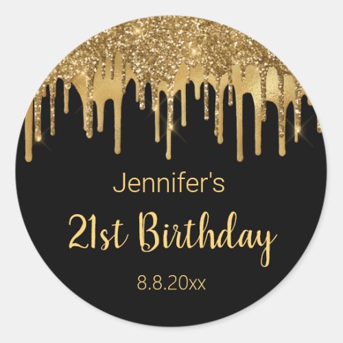 chic happy birthday black gold dripping glitters   classic round sticker