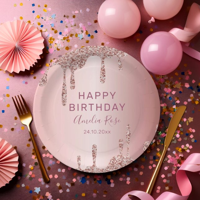 Chic Happy Birthday Rose Gold Glitter  Paper Plates (Creator Uploaded)
