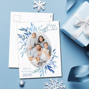 Chic Happy Hanukkah Blue Botanical Family Photo Holiday Postcard