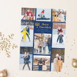 Chic Happy Hanukkah Family Photo Collage Blue Gold Holiday Card<br><div class="desc">Chic customizable Jewish family photo collage Hanukkah card with a collection of winter photos. Add 9 of your favorite Chanukah memories on this modern 9 photograph layout around a menorah and gold script. Happy Hanukkah.</div>