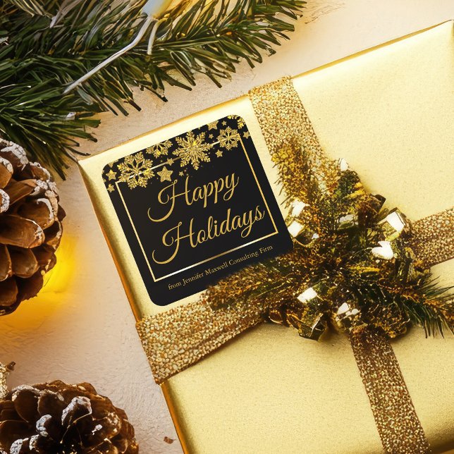 Chic Happy Holidays Black Gold Custom Company Square Sticker (Creator Uploaded)