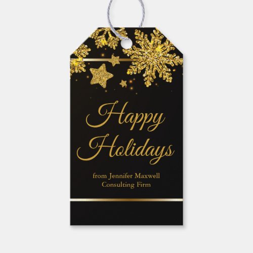 Chic Happy Holidays Black Gold Snowflake Custom Gift Tags