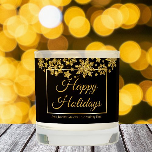 Chic Happy Holidays Black Gold Snowflake Custom Scented Candle