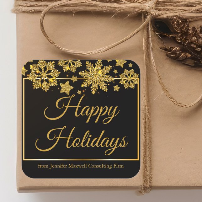 Chic Happy Holidays Black Gold Snowflake Custom Square Sticker (Creator Uploaded)