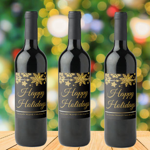 Chic Happy Holidays Black Gold Snowflake Custom Wine Label