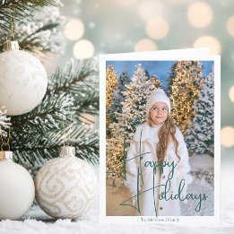 Chic Happy Holidays Green Script Overlay Photo Holiday Card