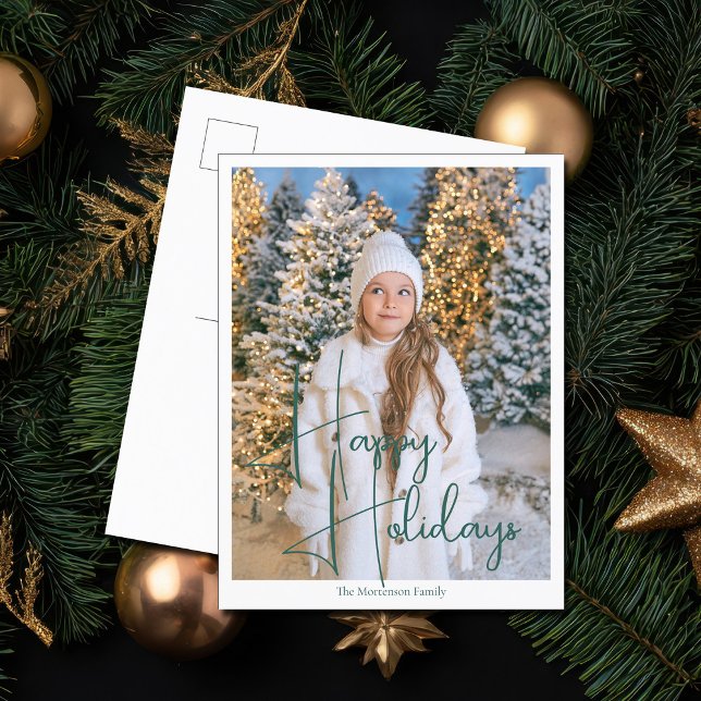 Chic Happy Holidays Green Script Overlay Photo Holiday Postcard (Creator Uploaded)