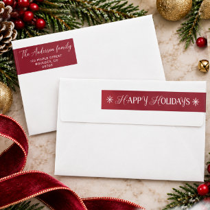 Chic Happy Holidays Script Burgundy Return Address Wrap Around Label