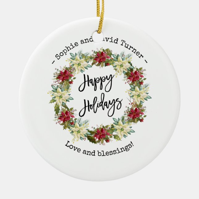 Chic Happy Holidays Script Poinsettia Monogram Ceramic Ornament (Front)