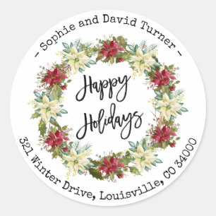 Chic Happy Holidays Script Poinsettia Monogram Classic Round Sticker