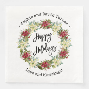 Chic Happy Holidays Script Poinsettia Monogram Paper Dinner Napkins