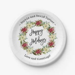 Chic Happy Holidays Script Poinsettia Monogram Paper Plates