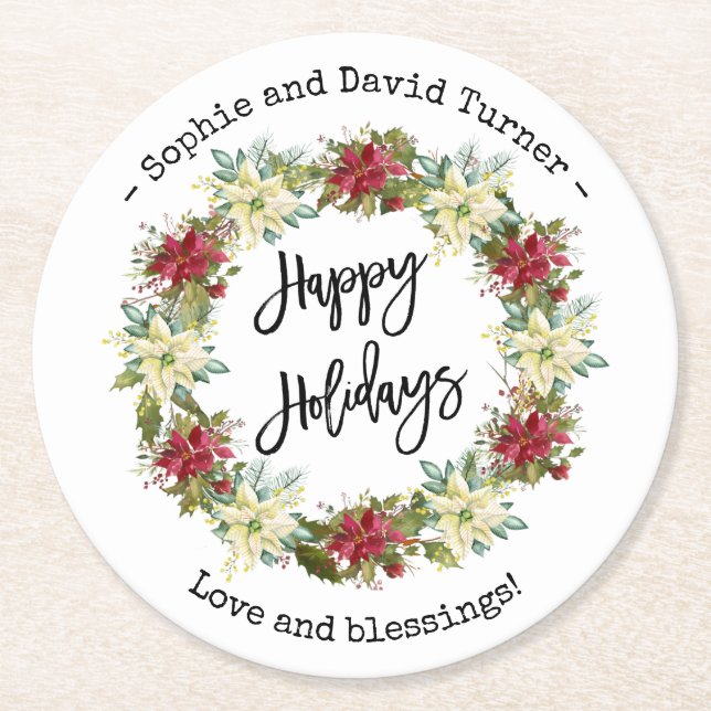 Chic Happy Holidays Script Poinsettia Monogram Round Paper Coaster (Front)