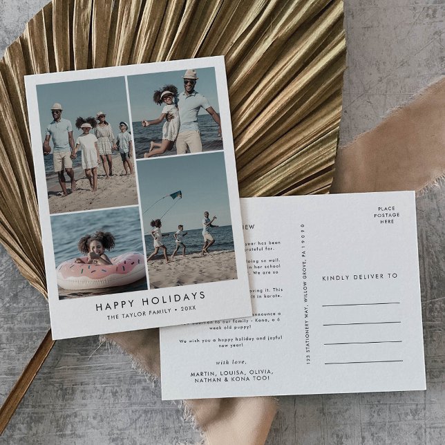 Chic Happy Holidays Year In Review 4 Photo Holiday Postcard (Creator Uploaded)