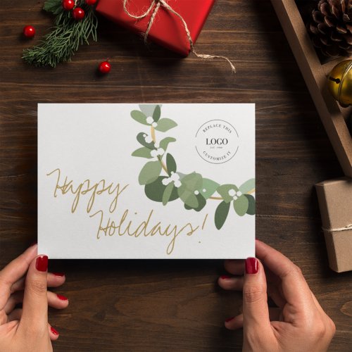 Chic Happy Holidays Your Logo Here Modern Wreath Holiday Card