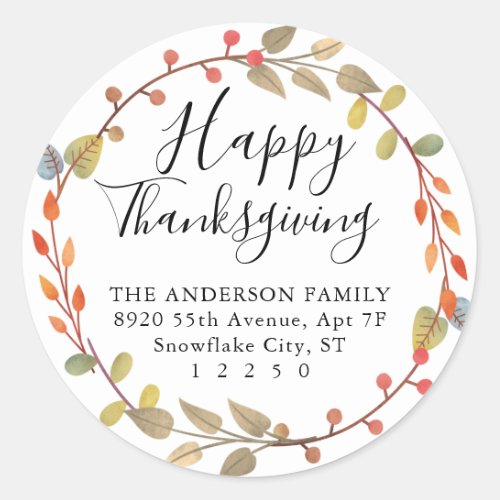 Chic Happy Thanksgiving Fall Autumn Wreath Address Classic Round Sticker