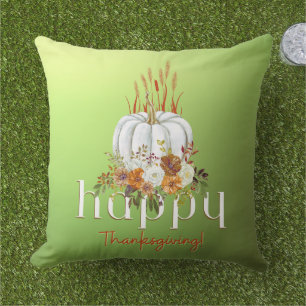 Chic Happy Thanksgiving Pumpkin Fall Floral Green Outdoor Pillow