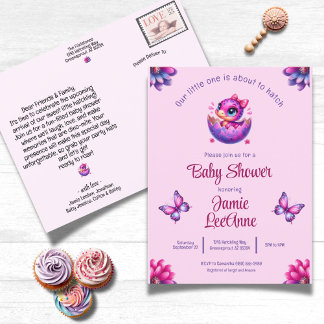 Chic Hatching Soon Pink Dinosaur Baby Shower Postc Postcard