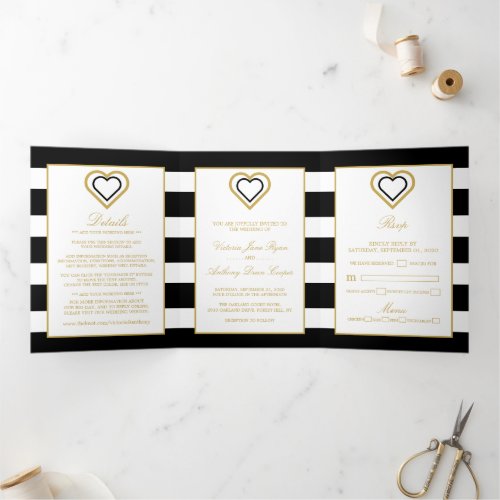 Chic Heart Black  Gold Striped Wedding Suite Tri_Fold Invitation