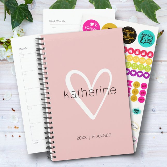 Chic Heart Blush Pink Weekly Monthly Non Dated Planner (Non-Dated 5.5" x 8.5" Personalized Planner with monthly, weekly pages and stickers.)