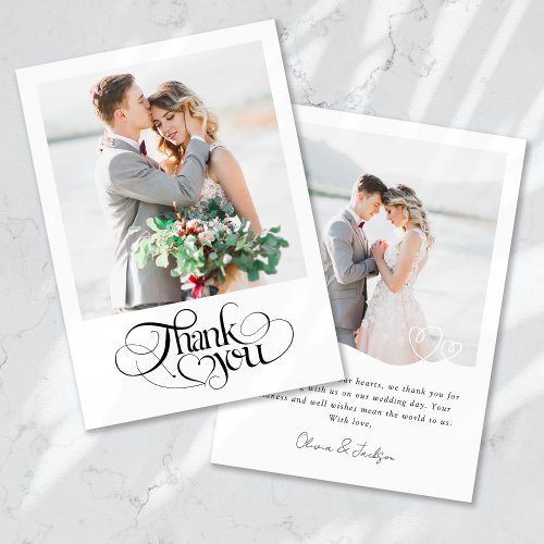 Chic Heart Calligraphy Modern Photo Wedding Thank You Card