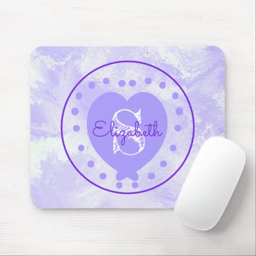 Chic Heart Initial Letter Monogram Purple White Mouse Pad