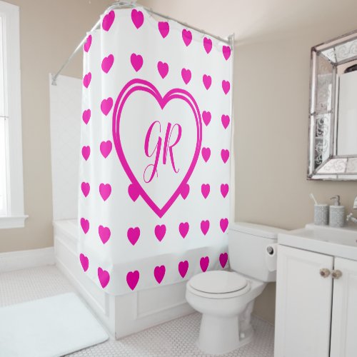 Chic Heart Monogram Bright Pink Hearts Pattern Shower Curtain