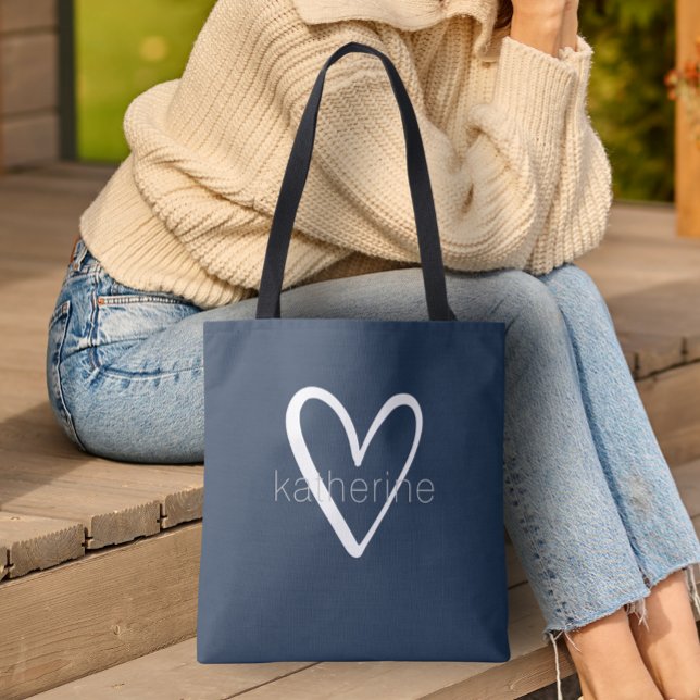 Chic Heart Navy Blue Personalized Tote Bag (Custom Tote Bag by PartyInvitationShop.com)