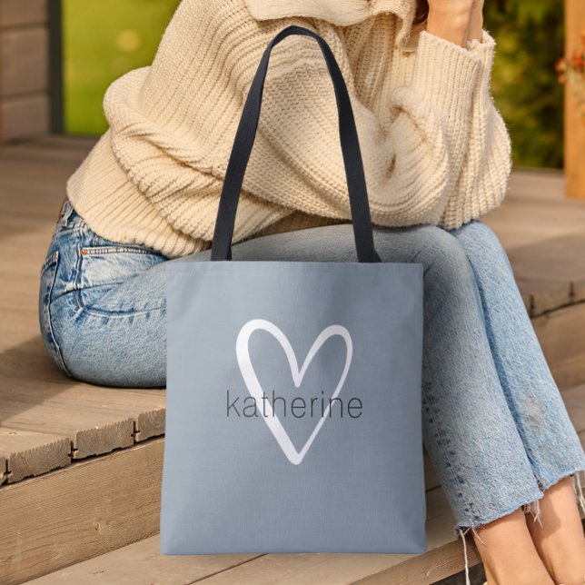 Chic Heart Personalized Dusty Blue Tote Bag (Custom Tote Bag by PartyInvitationShop.com)
