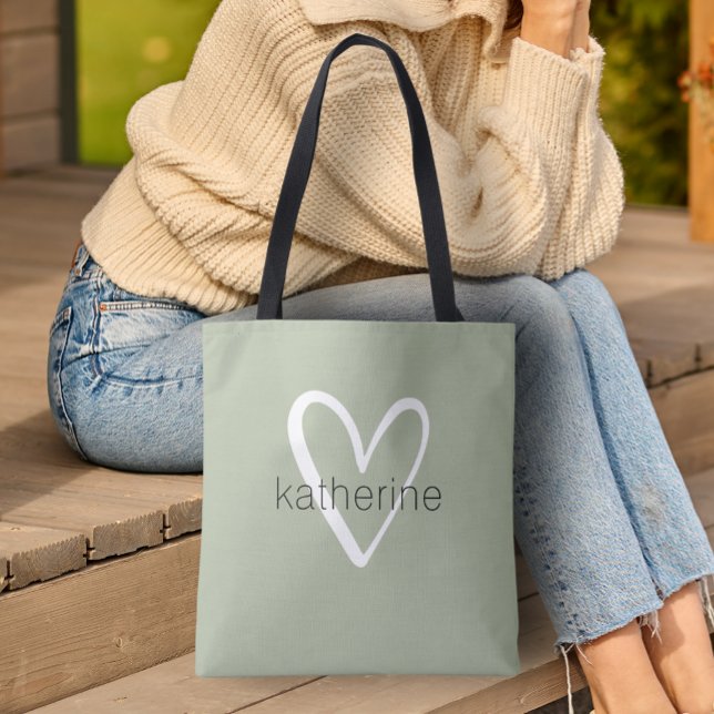 Chic Heart Personalized Sage Green Tote Bag (Custom Tote Bag by PartyInvitationShop.com)