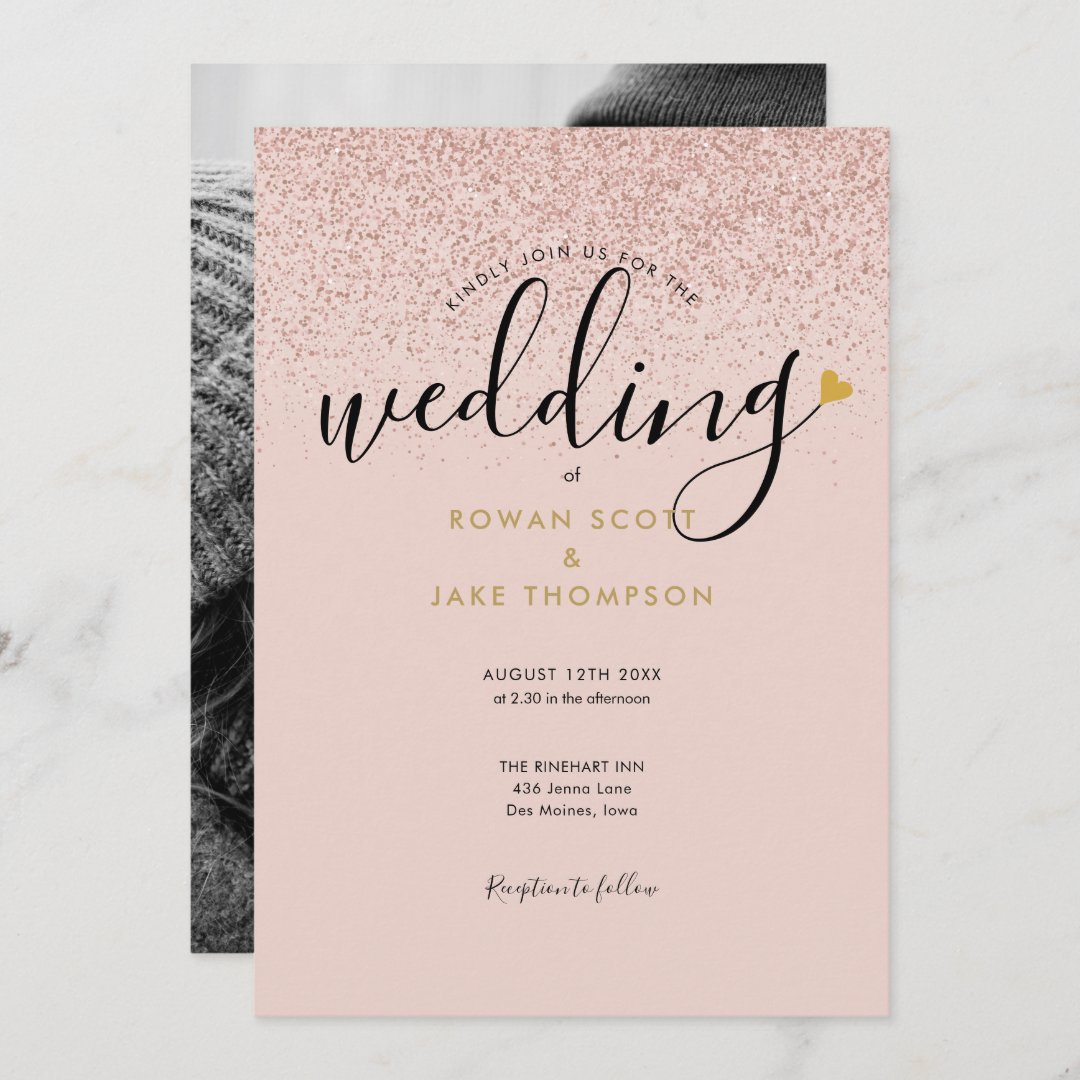 Chic Heart Rose Gold Glitter Photo Wedding Invitation | Zazzle