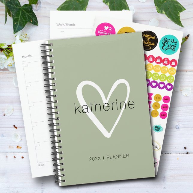Chic Heart Sage Green Weekly Monthly Non Dated Planner (Creator Uploaded)