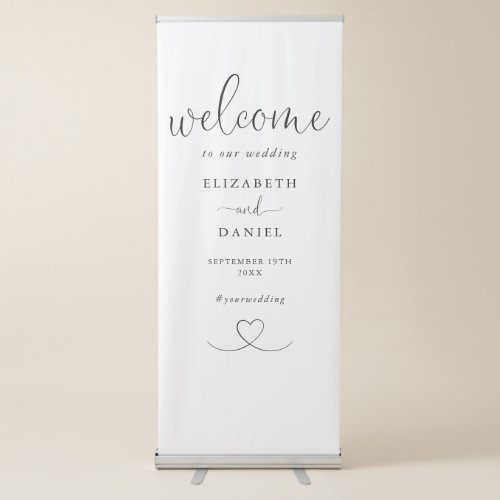 Chic Heart Script Black And White Wedding Welcome Retractable Banner