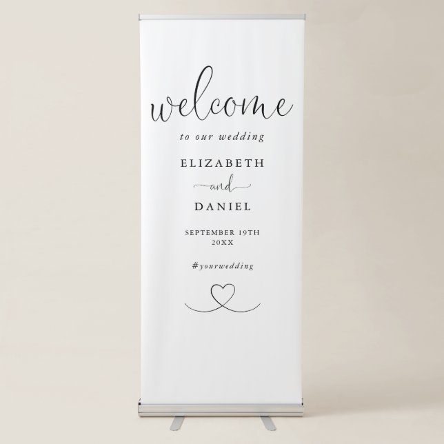 Chic Heart Script Black And White Wedding Welcome Retractable Banner (Front)