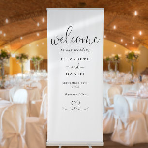Chic Heart Script Black And White Wedding Welcome Retractable Banner