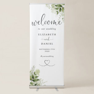 Chic Heart Script Greenery Floral Wedding Welcome Retractable Banner