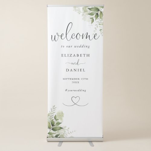 Chic Heart Script Greenery Floral Wedding Welcome Retractable Banner