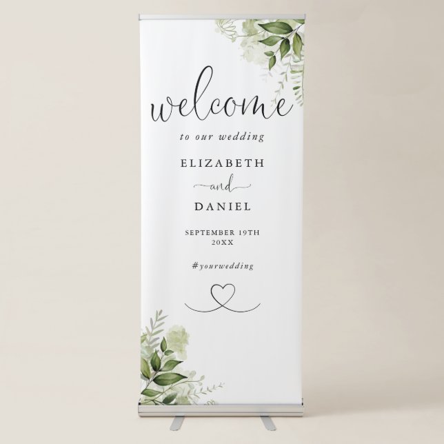 Chic Heart Script Greenery Floral Wedding Welcome Retractable Banner (Front)