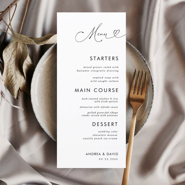 Chic Heart Script Minimalist Elegant White Wedding Menu (Creator Uploaded)