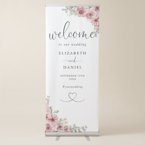 Chic Heart Script Roses Floral Wedding Welcome Retractable Banner